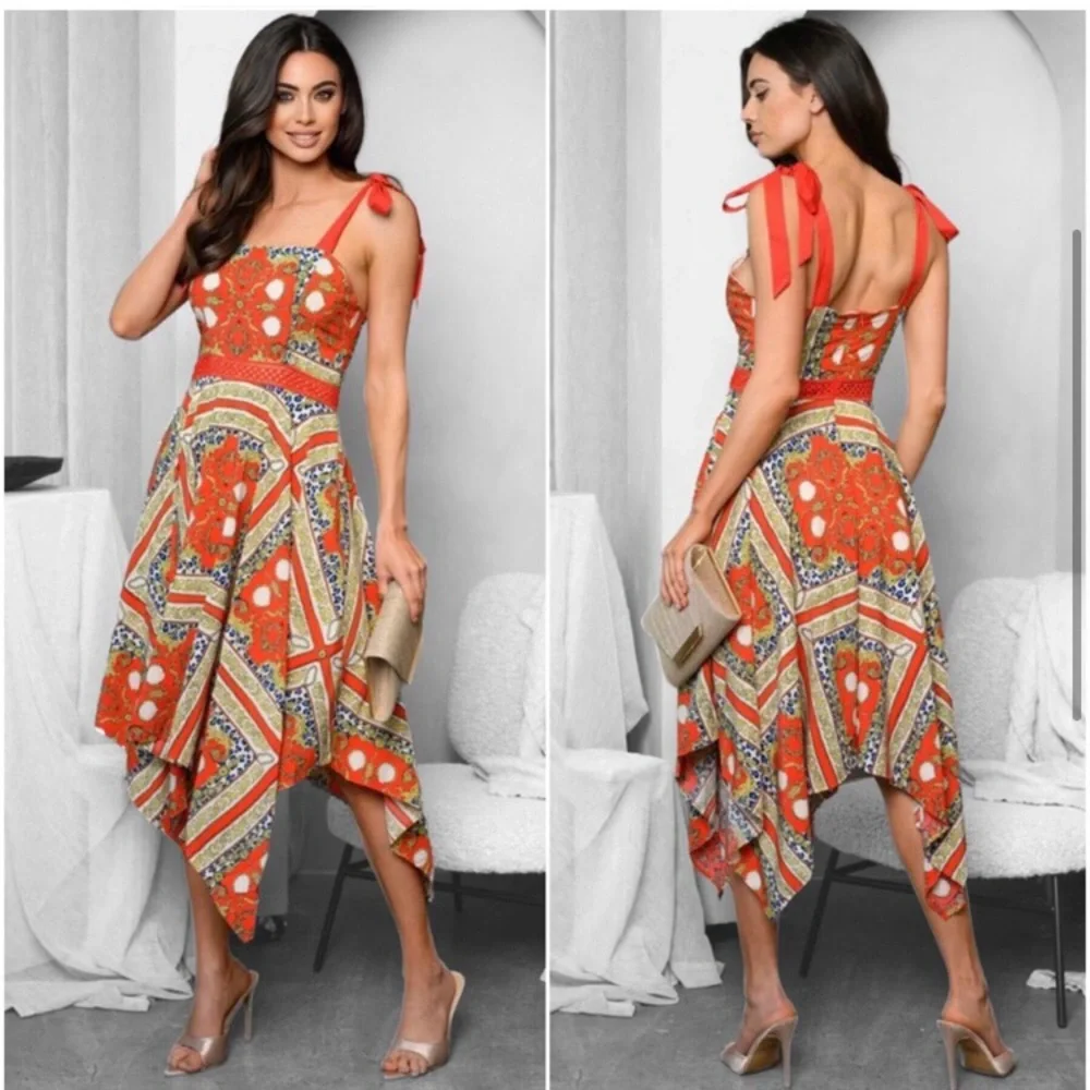 Red orange asymmetrical hem midi dress - Picture 2 of 4